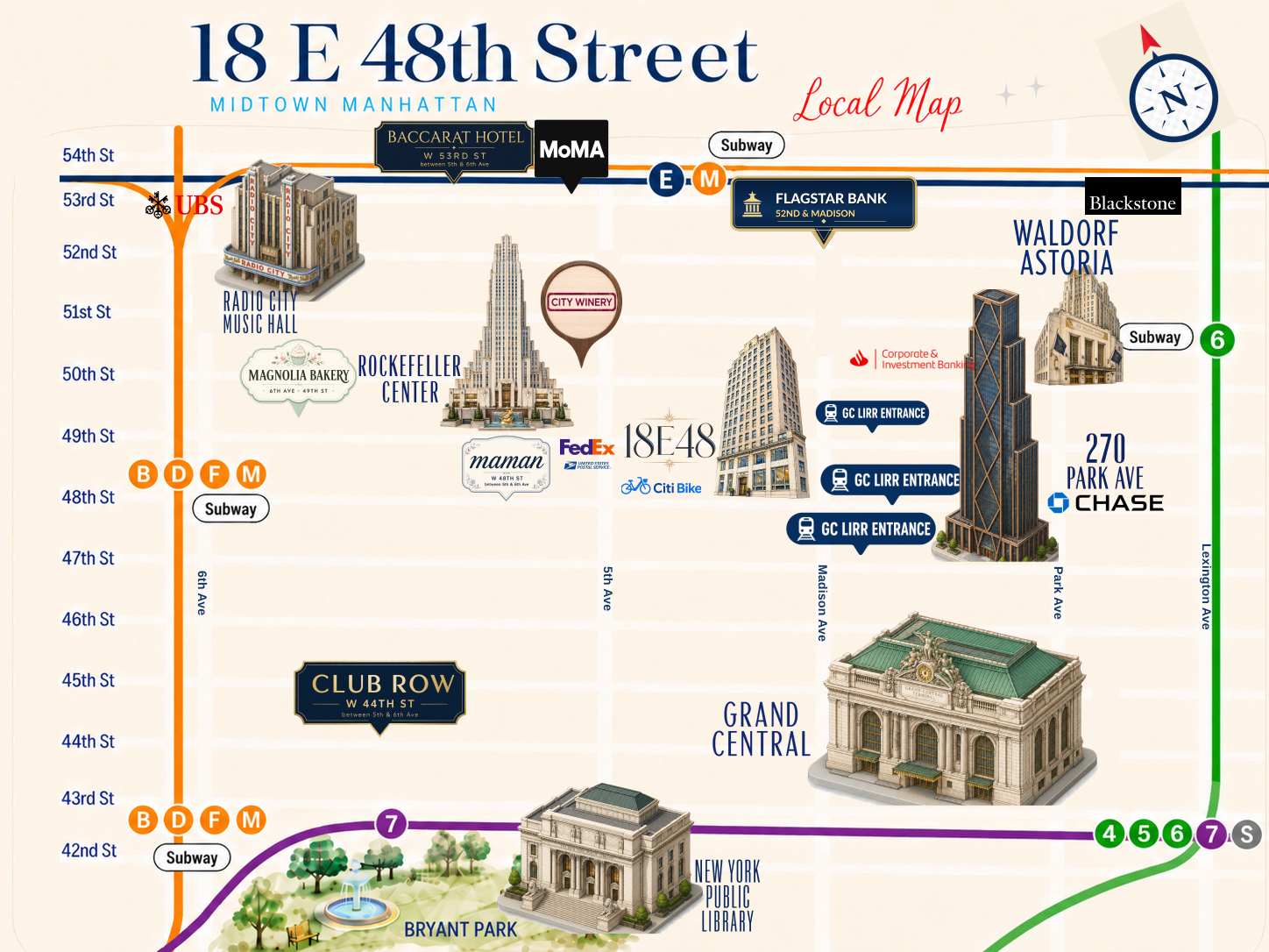 Local Midtown map for 18 East 48th Street showing transit, Grand Central access, finance firms, landmarks, and nearby services